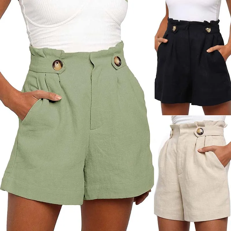 S-XXL Women Solid Color Ruffled Button Design Loose High Waist Shorts