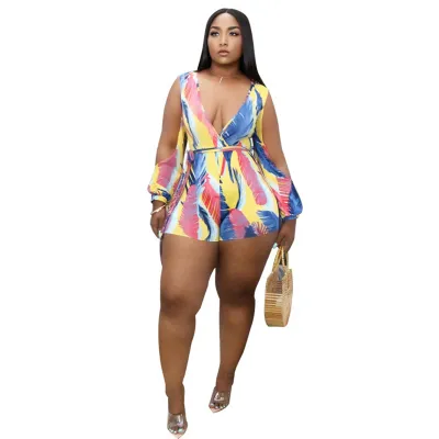 S-XXL Women Sexy Multicolor Feather Printed Cool Shoulder Rompers