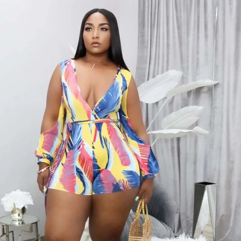 S-XXL Women Sexy Multicolor Feather Printed Cool Shoulder Rompers