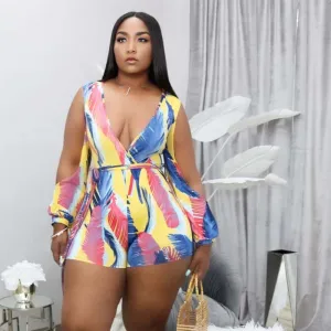 S-XXL Women Sexy Multicolor Feather Printed Cool Shoulder Rompers