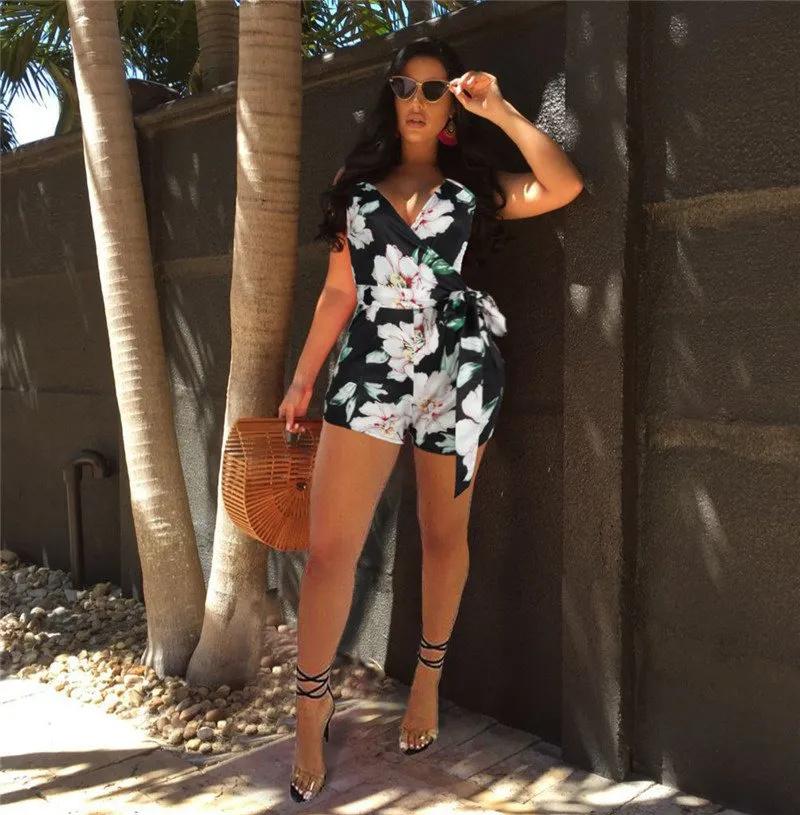 S-XXL Women Sexy Flower Printed V Neck Surplice Rompers