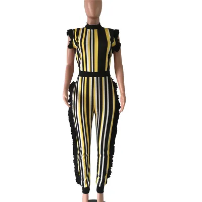 S-3XL Women Sexy Sleeveless Multicolor Stripe Tight Rompers