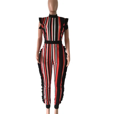 S-3XL Women Sexy Sleeveless Multicolor Stripe Tight Rompers
