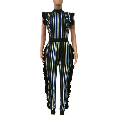 S-3XL Women Sexy Sleeveless Multicolor Stripe Tight Rompers