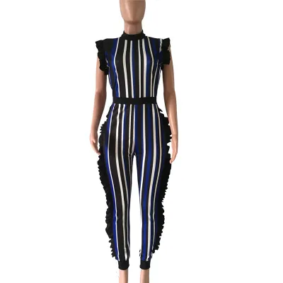S-3XL Women Sexy Sleeveless Multicolor Stripe Tight Rompers