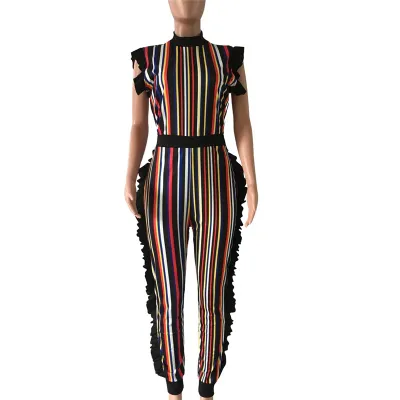 S-3XL Women Sexy Sleeveless Multicolor Stripe Tight Rompers