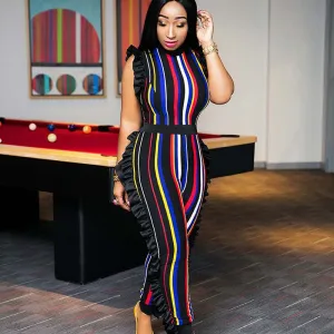 S-3XL Women Sexy Sleeveless Multicolor Stripe Tight Rompers