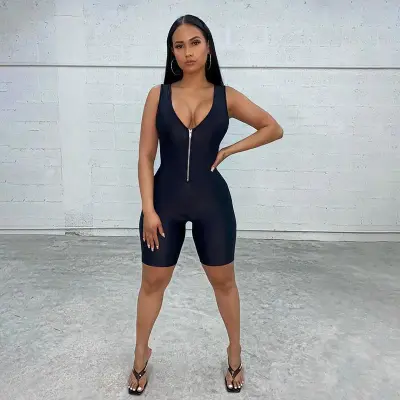 Athleisure Women Neon Color Zipper Sleeveless Rompers