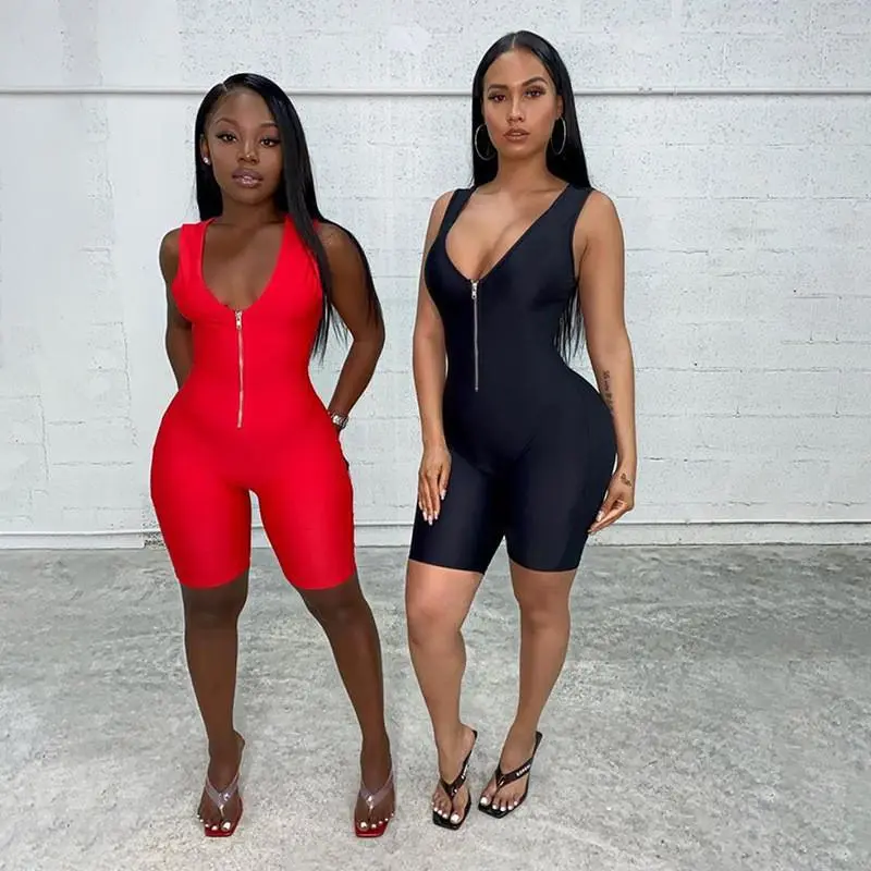 Athleisure Women Neon Color Zipper Sleeveless Rompers