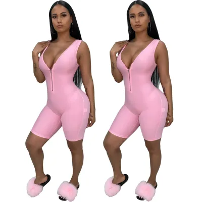 Athleisure Women Neon Color Zipper Sleeveless Rompers