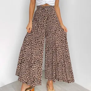 S-XL Women Leopard Print High-Waisted Wide Leg Trousers