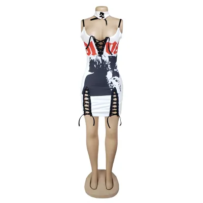 S-2XL Women Sexy Lace-up Graphic Printed Bodycon Mini Dress