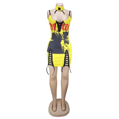 S-2XL Women Sexy Lace-up Graphic Printed Bodycon Mini Dress