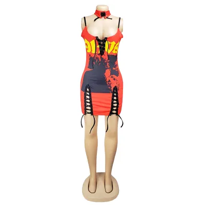 S-2XL Women Sexy Lace-up Graphic Printed Bodycon Mini Dress