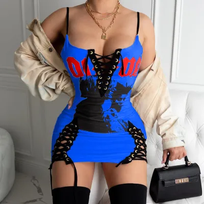 S-2XL Women Sexy Lace-up Graphic Printed Bodycon Mini Dress