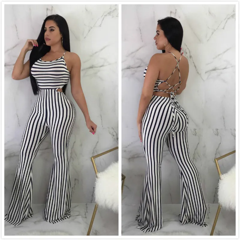 S-XL Woman Backless Bandage Black White Striped Slim Fit Jumpsuits