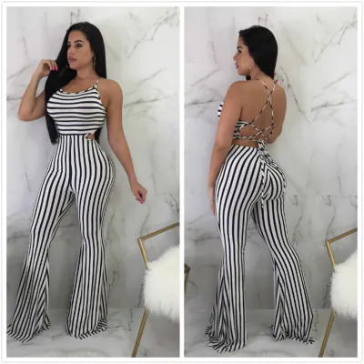 S-XL Woman Backless Bandage Black White Striped Slim Fit Jumpsuits