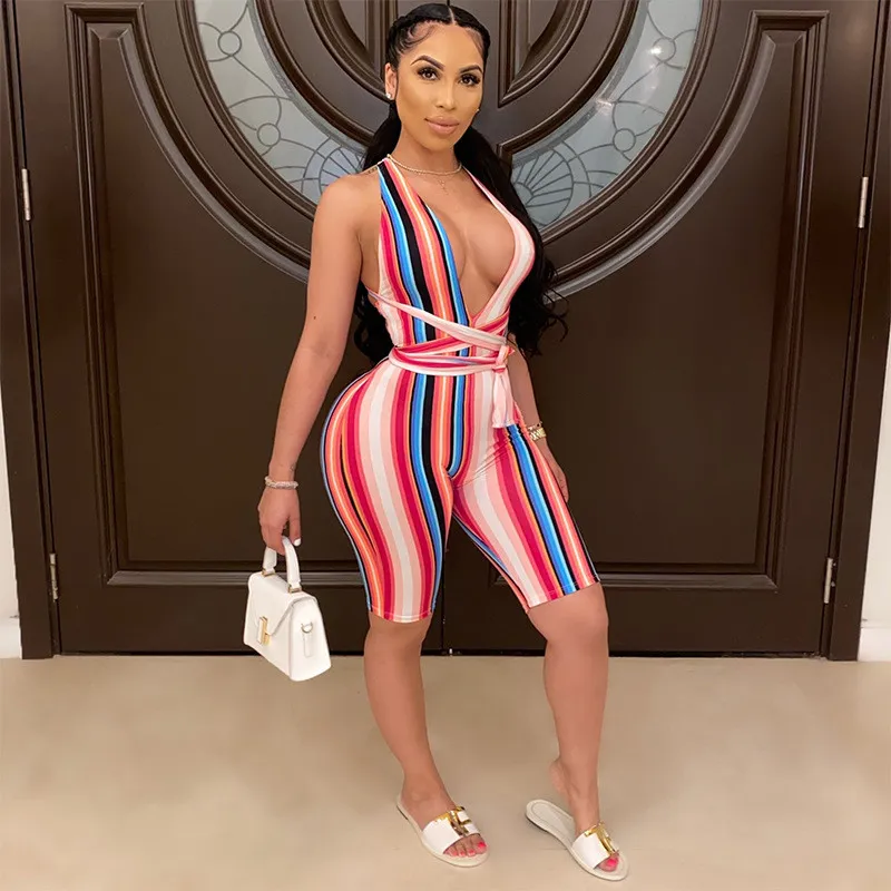 S-XXL Women Colorful Striped Bandage Sports Fashion Rompers