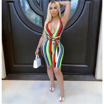 S-XXL Women Colorful Striped Bandage Sports Fashion Rompers