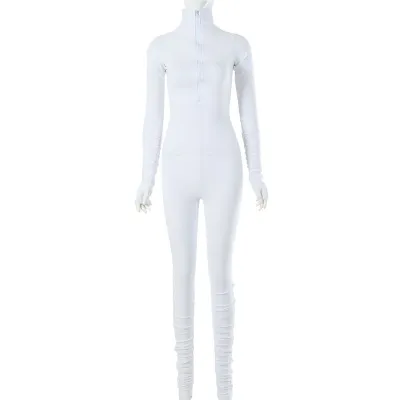 Athleisure Woman Sexy Zipper V-Neck Skinny Solid Color Jumpsuit