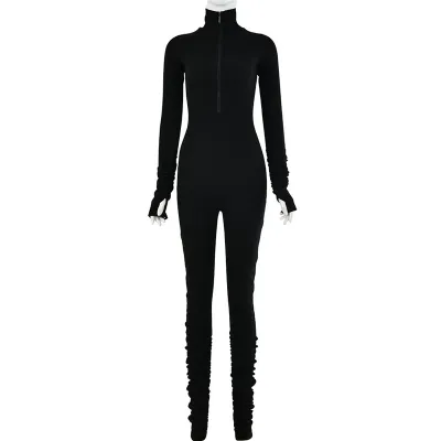 Athleisure Woman Sexy Zipper V-Neck Skinny Solid Color Jumpsuit