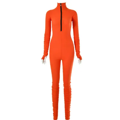 Athleisure Woman Sexy Zipper V-Neck Skinny Solid Color Jumpsuit
