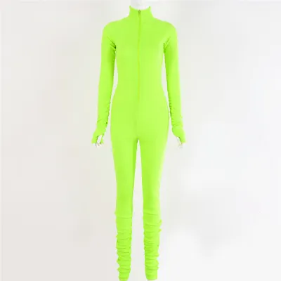 Athleisure Woman Sexy Zipper V-Neck Skinny Solid Color Jumpsuit