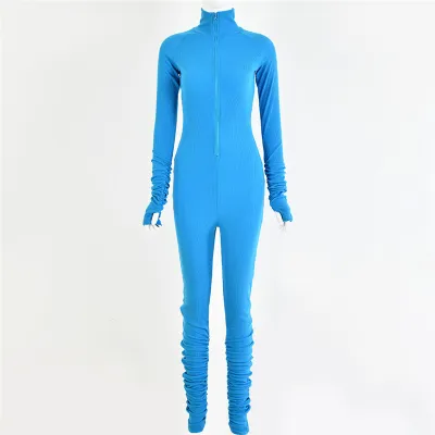 Athleisure Woman Sexy Zipper V-Neck Skinny Solid Color Jumpsuit