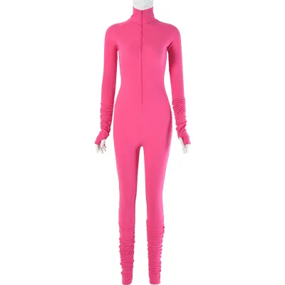 Athleisure Woman Sexy Zipper V-Neck Skinny Solid Color Jumpsuit