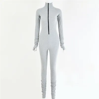 Athleisure Woman Sexy Zipper V-Neck Skinny Solid Color Jumpsuit