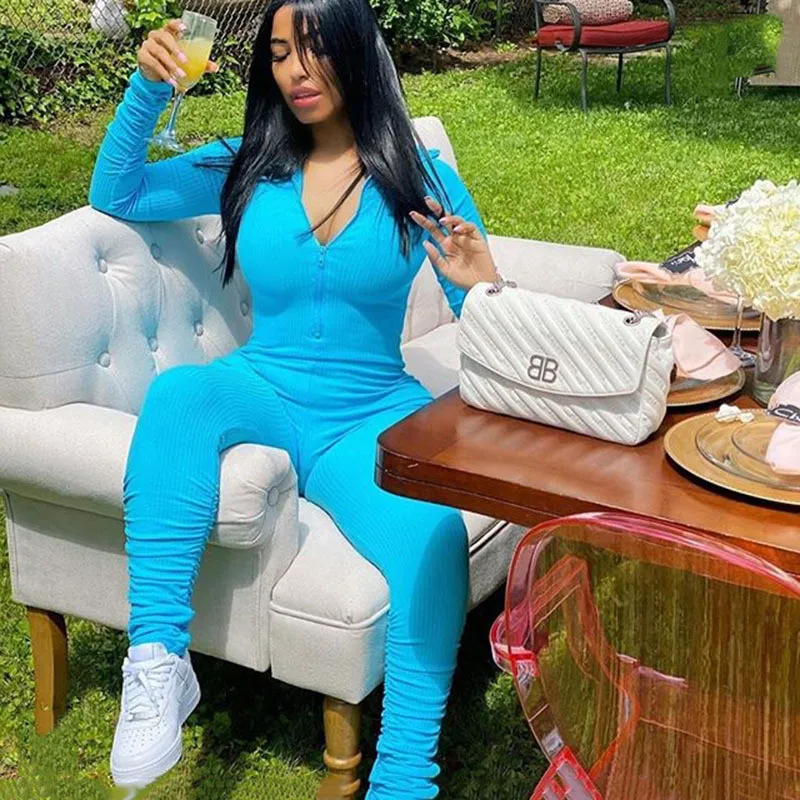 Athleisure Woman Sexy Zipper V-Neck Skinny Solid Color Jumpsuit