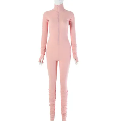 Athleisure Woman Sexy Zipper V-Neck Skinny Solid Color Jumpsuit
