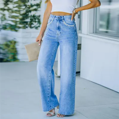 S-2XL Women Fashion Petal Pocket Loose Straight Jeans