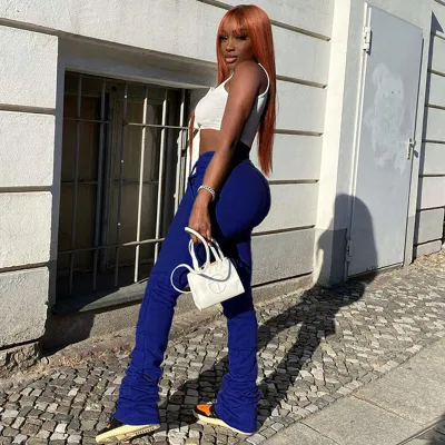 S-2XL Women Fashion Solid Color Creased Drawstring High Waist Wide Leg Pants