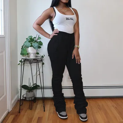 S-2XL Women Fashion Solid Color Creased Drawstring High Waist Wide Leg Pants