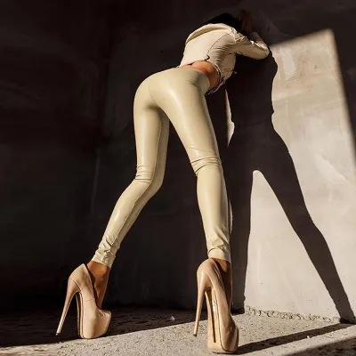 S-5XL Women Plus Size High Waist PU Leather Cropped Tight Pants
