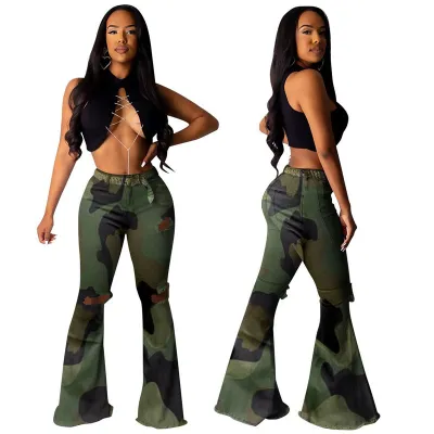 S-3XL Women Camouflage Leopard Ripped Flare Pants