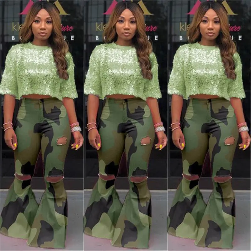 S-3XL Women Camouflage Leopard Ripped Flare Pants