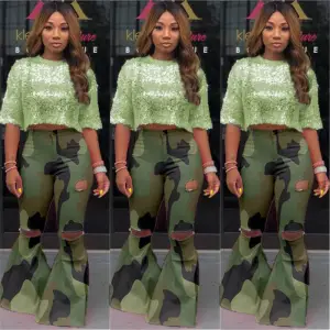 S-3XL Women Camouflage Leopard Ripped Flare Pants
