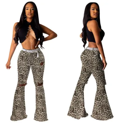 S-3XL Women Camouflage Leopard Ripped Flare Pants
