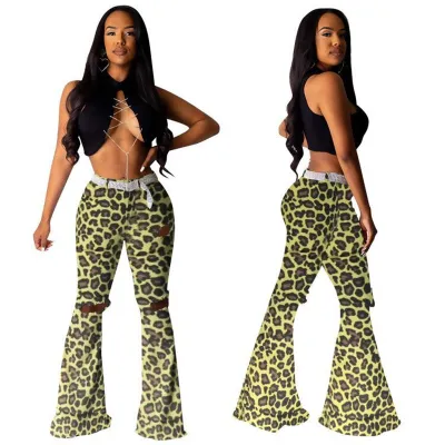 S-3XL Women Camouflage Leopard Ripped Flare Pants
