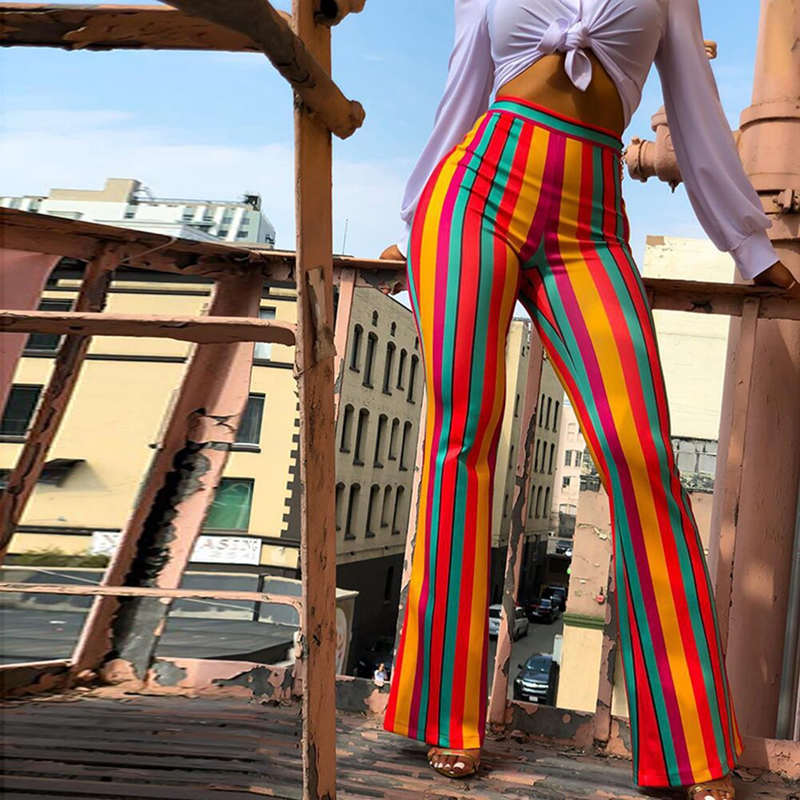 S-XL Women Rainbow Striped High Waist Wide Leg Flare Pants