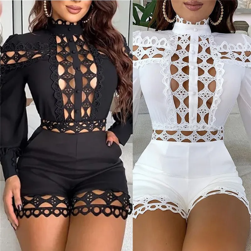 S-XL Women Sexy Hollow Out Lace Long Sleeve Rompers
