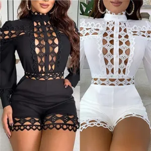 S-XL Women Sexy Hollow Out Lace Long Sleeve Rompers