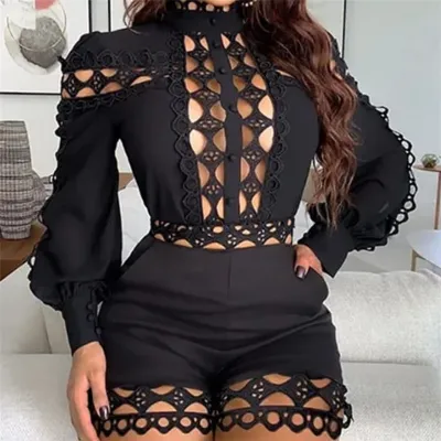 S-XL Women Sexy Hollow Out Lace Long Sleeve Rompers