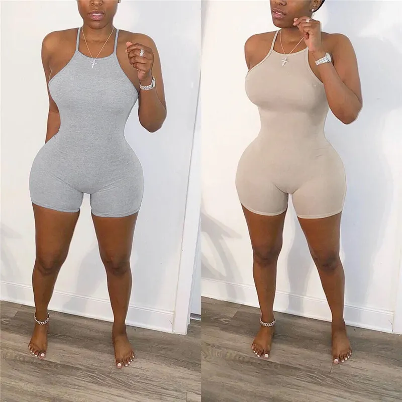 S-3XL Women Solid Color Sexy Tight Spaghetti Strap Rompers