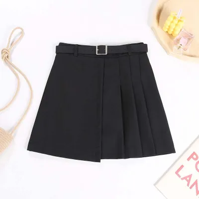 S-XL Women's High Waist Belted Pleated A-Line Skirt in Cotton