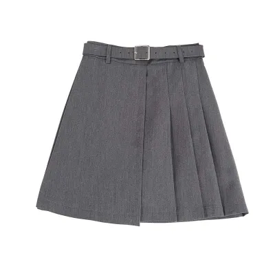 S-XL Women's High Waist Belted Pleated A-Line Skirt in Cotton