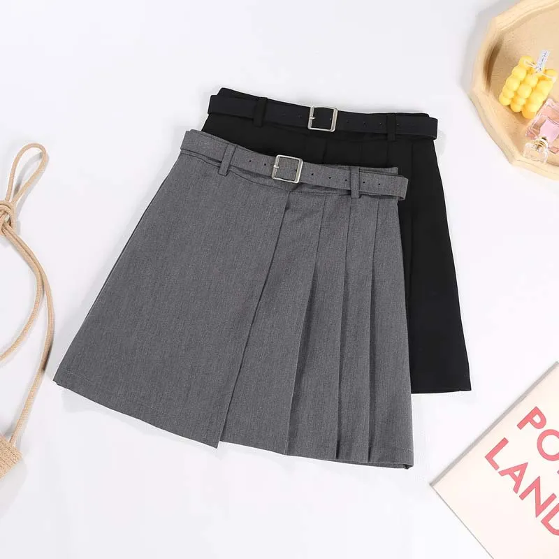 S-XL Women's High Waist Belted Pleated A-Line Skirt in Cotton