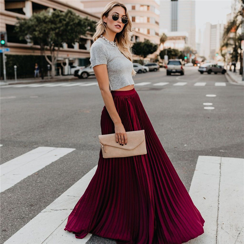 Wholesale S-XL Woman High Waist Pleated Long Skirt Wholesale S-XL Woman High Waist Pleated Long Skirt